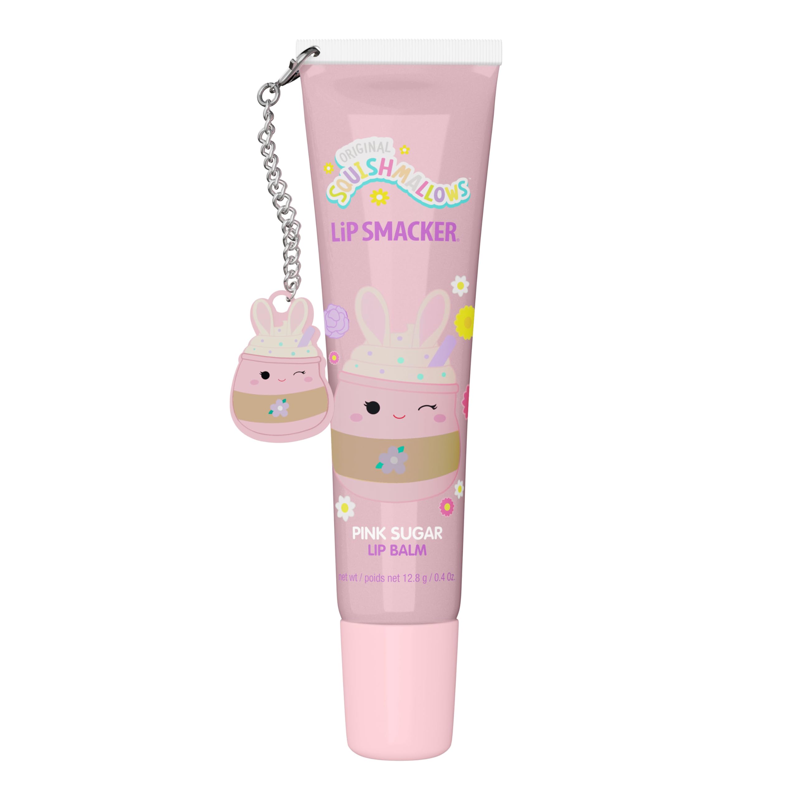 Lip Smacker Squishmallows Suey lip balm bottle close-up shows pink sugar flavor