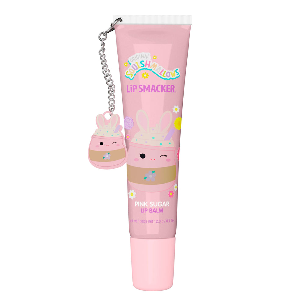 Lip Smacker Squishmallows Suey lip balm bottle close-up shows pink sugar flavor