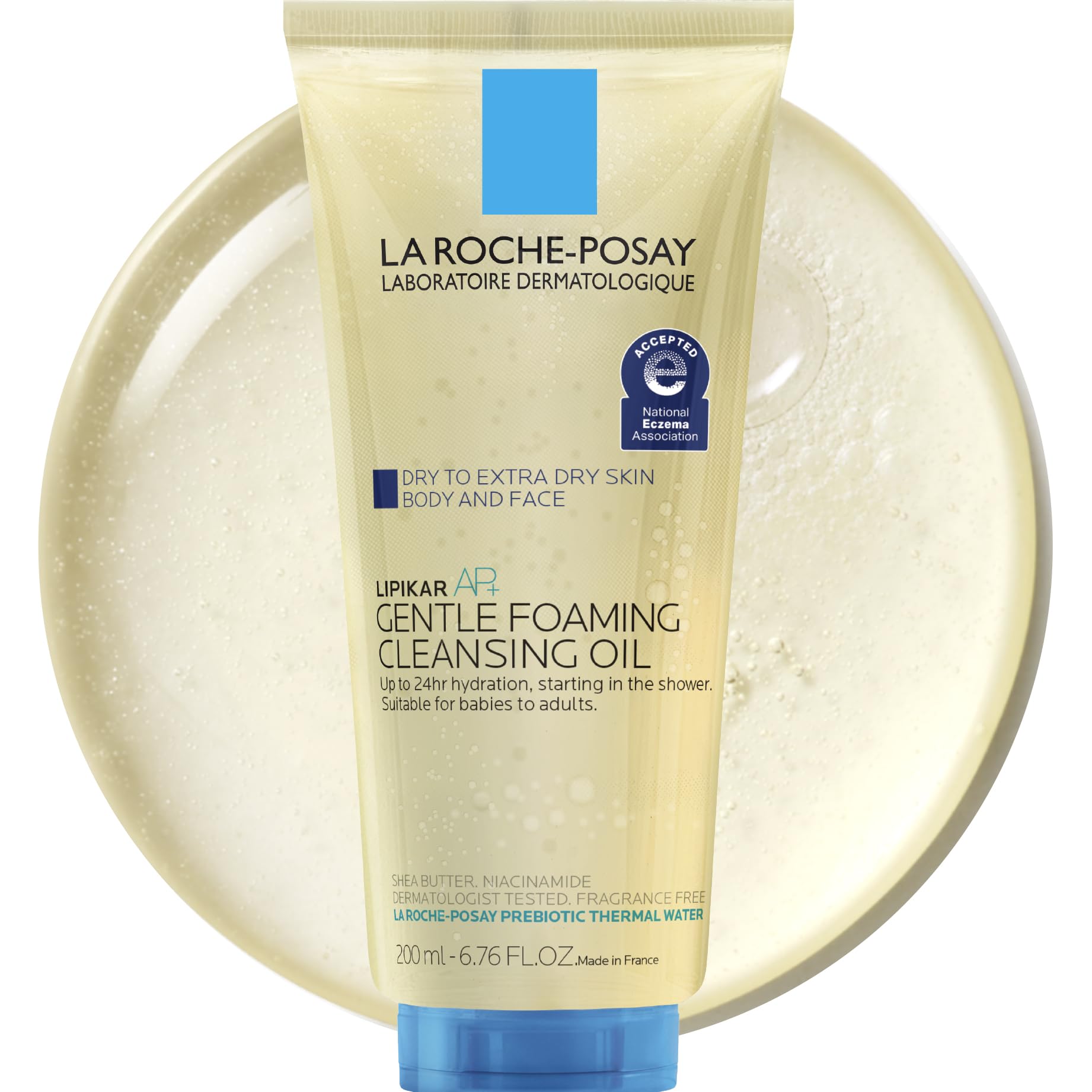 Lipikar AP+ bottle front showing fragrance-free hydrating cleanser for dry skin