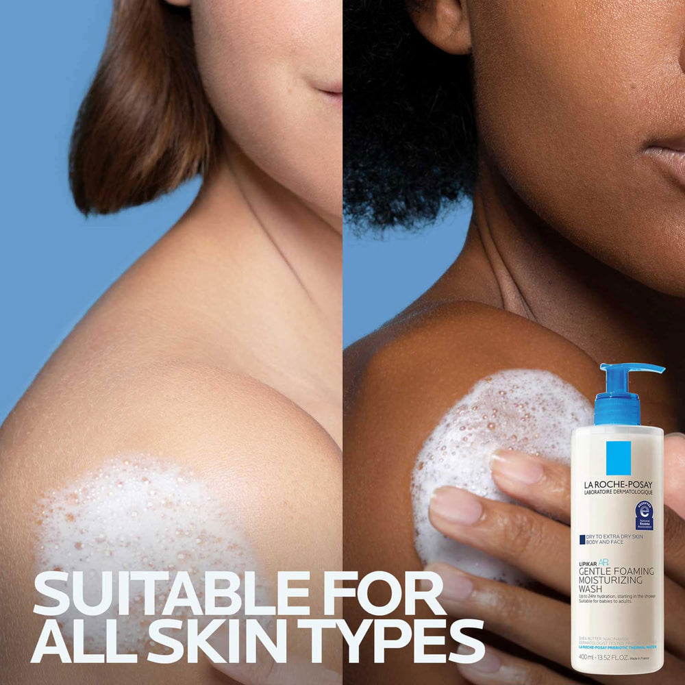 Lipikar AP+ fragrance-free label signals sensitive-skin friendly care.