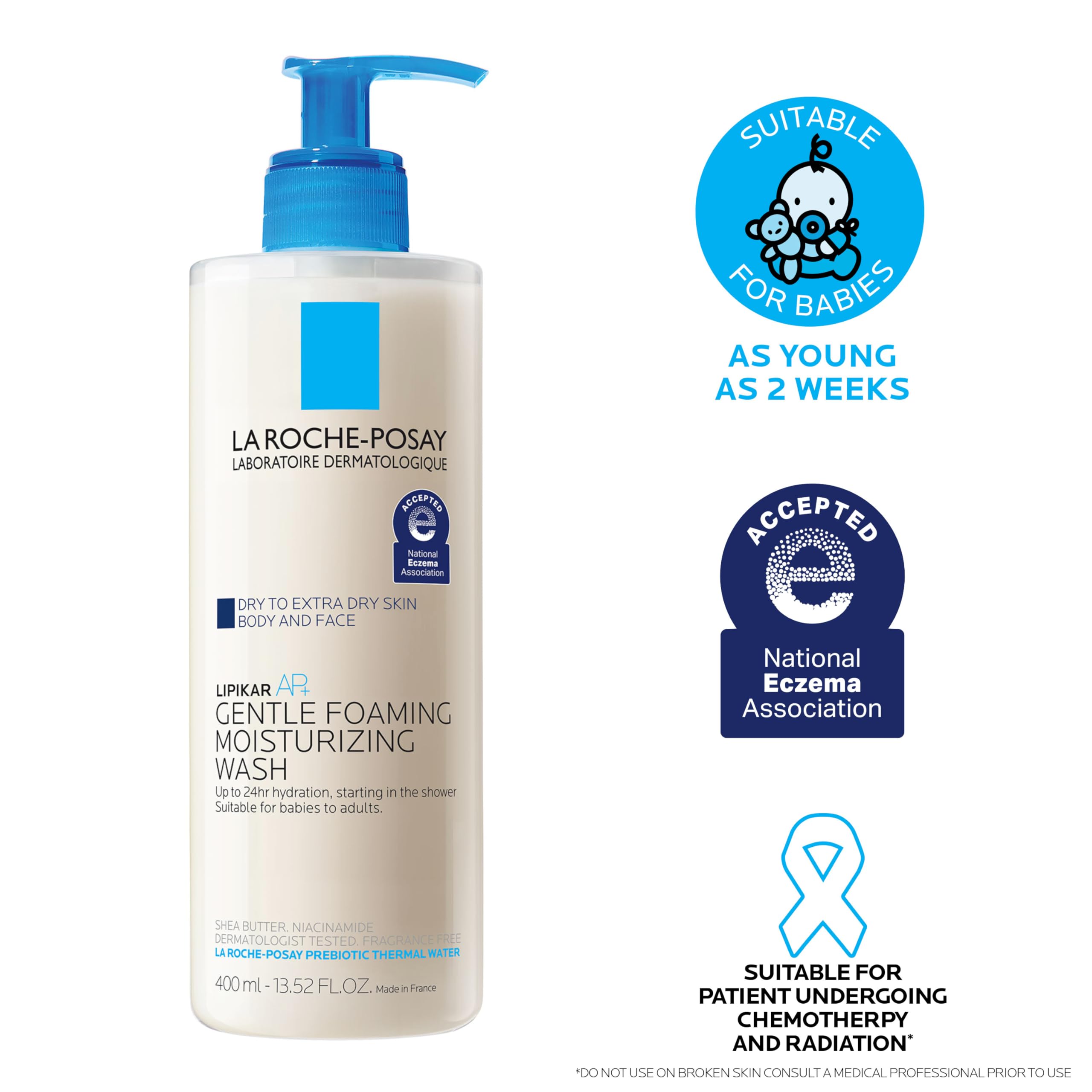 Lipikar AP+ moisturizing foam demonstrates gentle cleansing for skin.