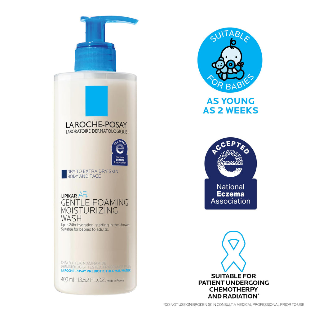 Lipikar AP+ moisturizing foam demonstrates gentle cleansing for skin.
