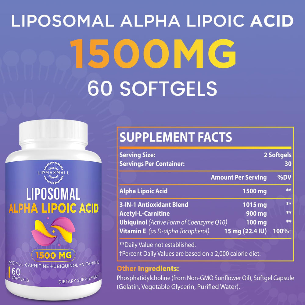 Lipmaxmall liposomal ALA softgel bottle close-up showing label and dosage details