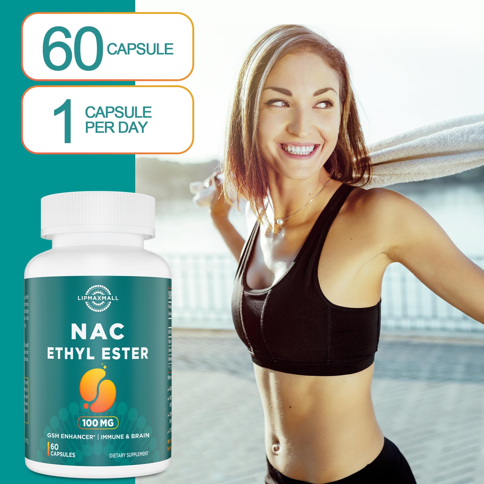 Lipmaxmall NACET Ethyl Ester ingredients panel highlights glycine, selenium, molybdenum.
