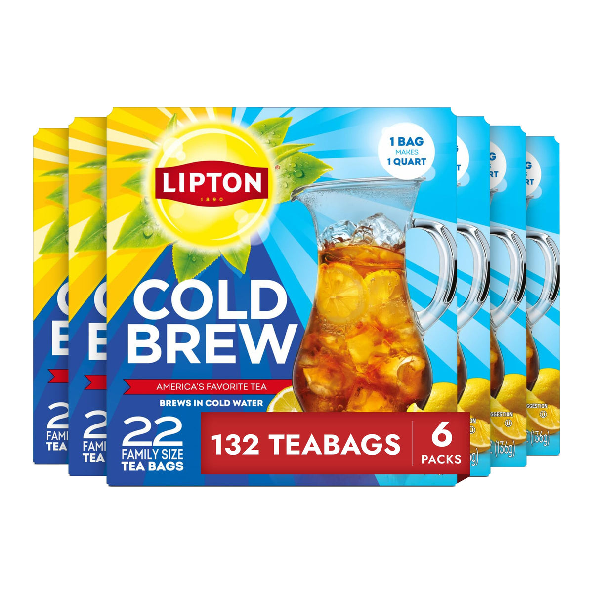 Lipton Cold Brew Black Tea Bags in a family-size box for easy large-batch iced tea.