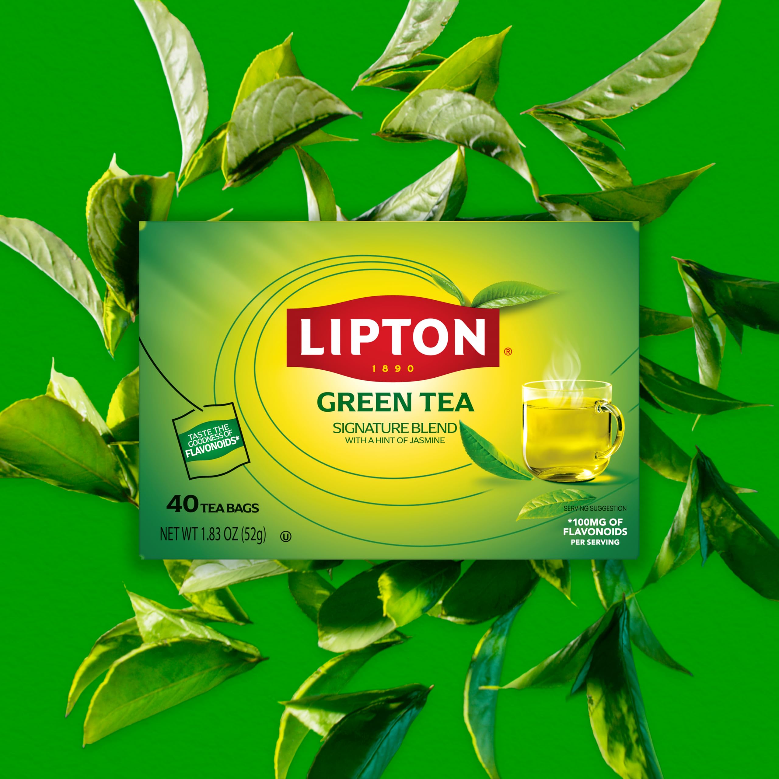 Lipton decaf green tea close-up highlights flavonoids per serving.