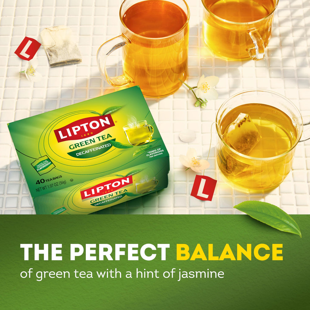 Lipton decaffeinated tea bags kitchen setup for hot or iced tea.