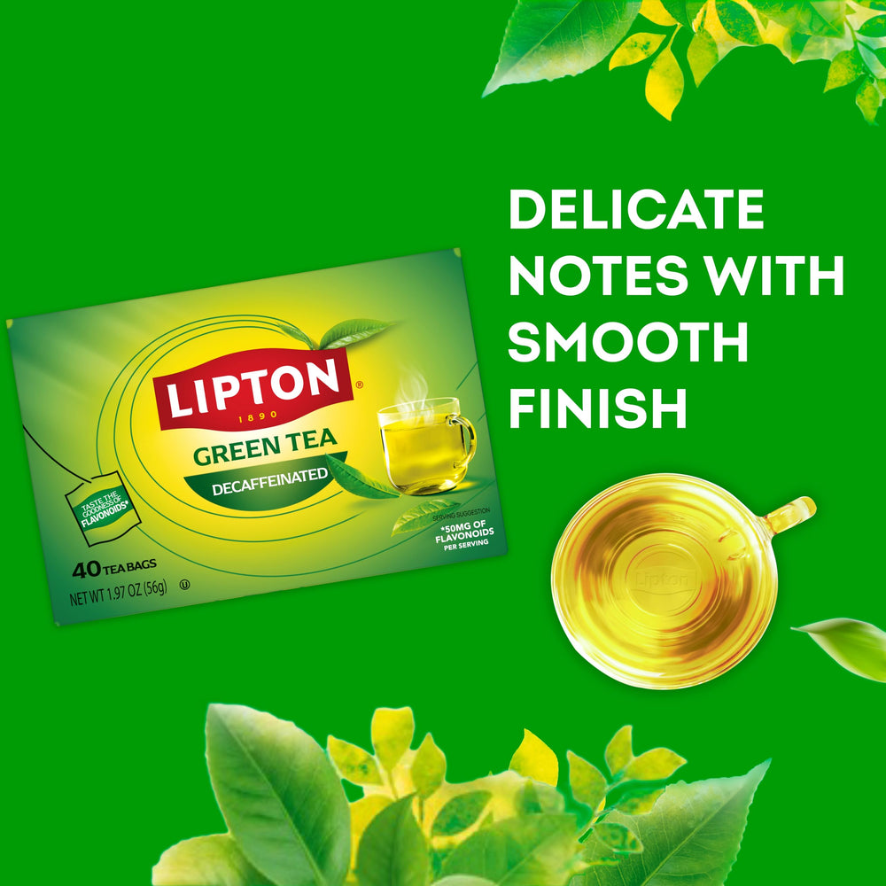 Lipton decaffeinated green tea bags ready for iced tea in pitcher.