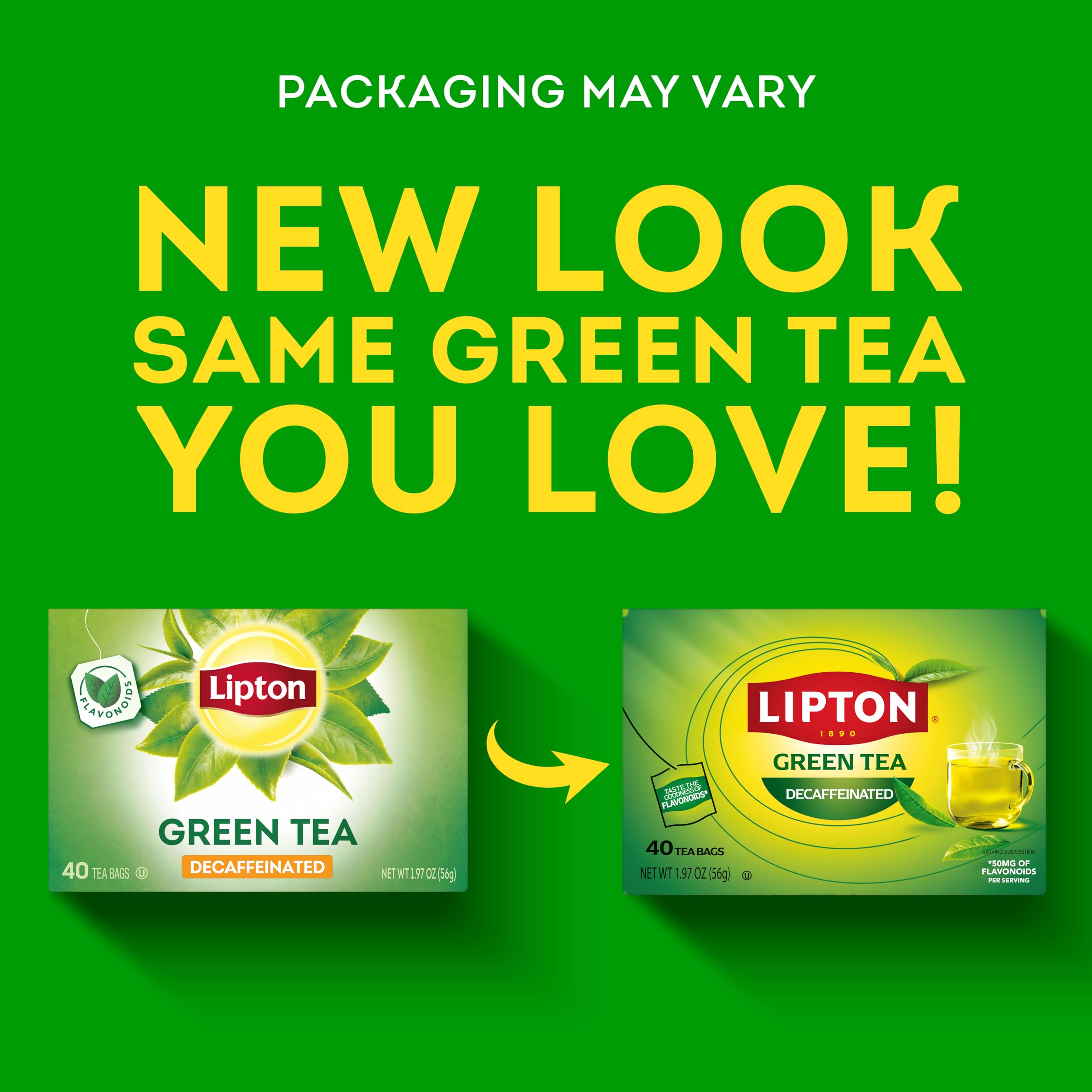 Lipton decaffeinated green tea bags with clear packaging and tag.