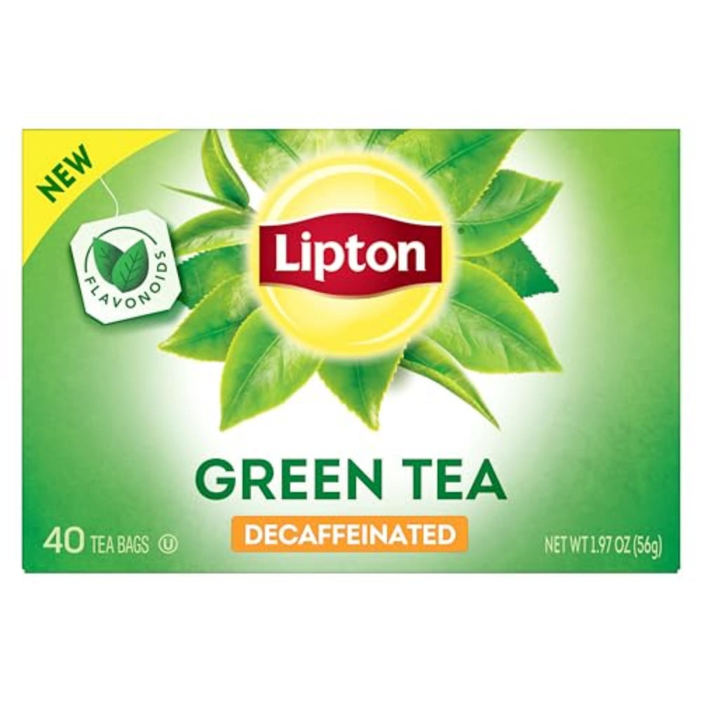 Lipton decaffeinated green tea bags in box for everyday unsweetened tea.