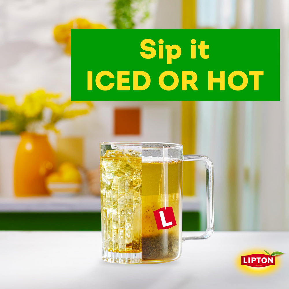 Lipton decaffeinated green tea bags on display for quick brew.