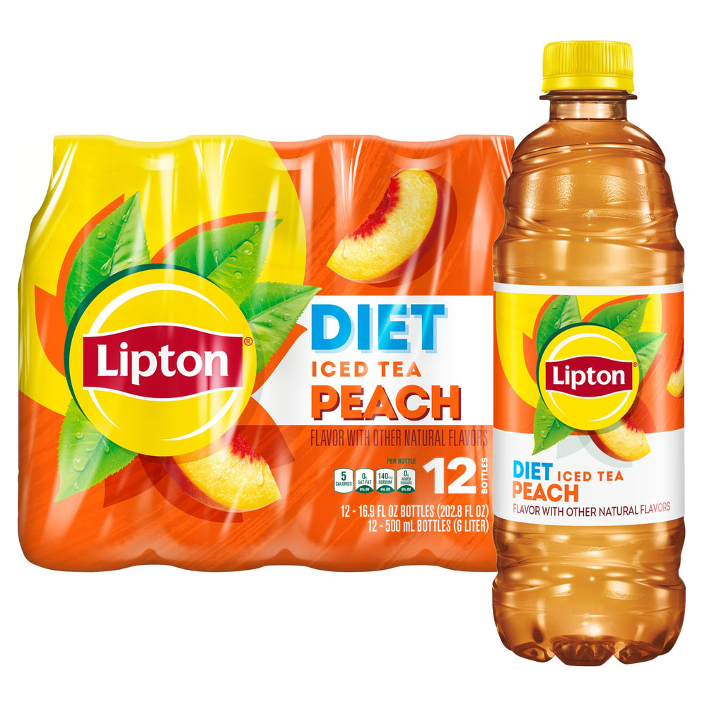 Lipton Diet Georgia Peach Iced Tea bottle front, a low-calorie refreshment for any time.