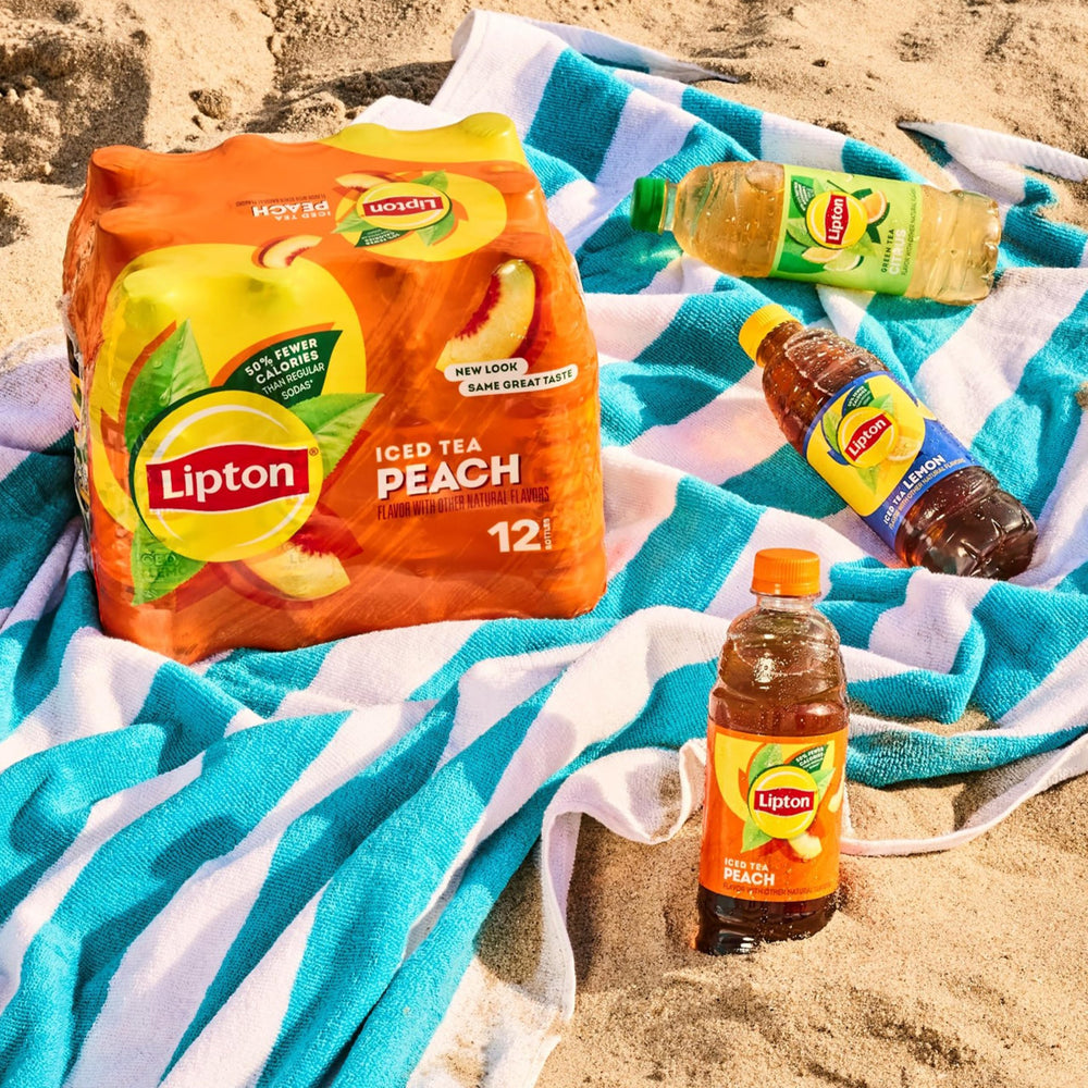 Lipton Diet Georgia Peach Iced Tea bottle beside recycling symbol, eco-friendly choice.
