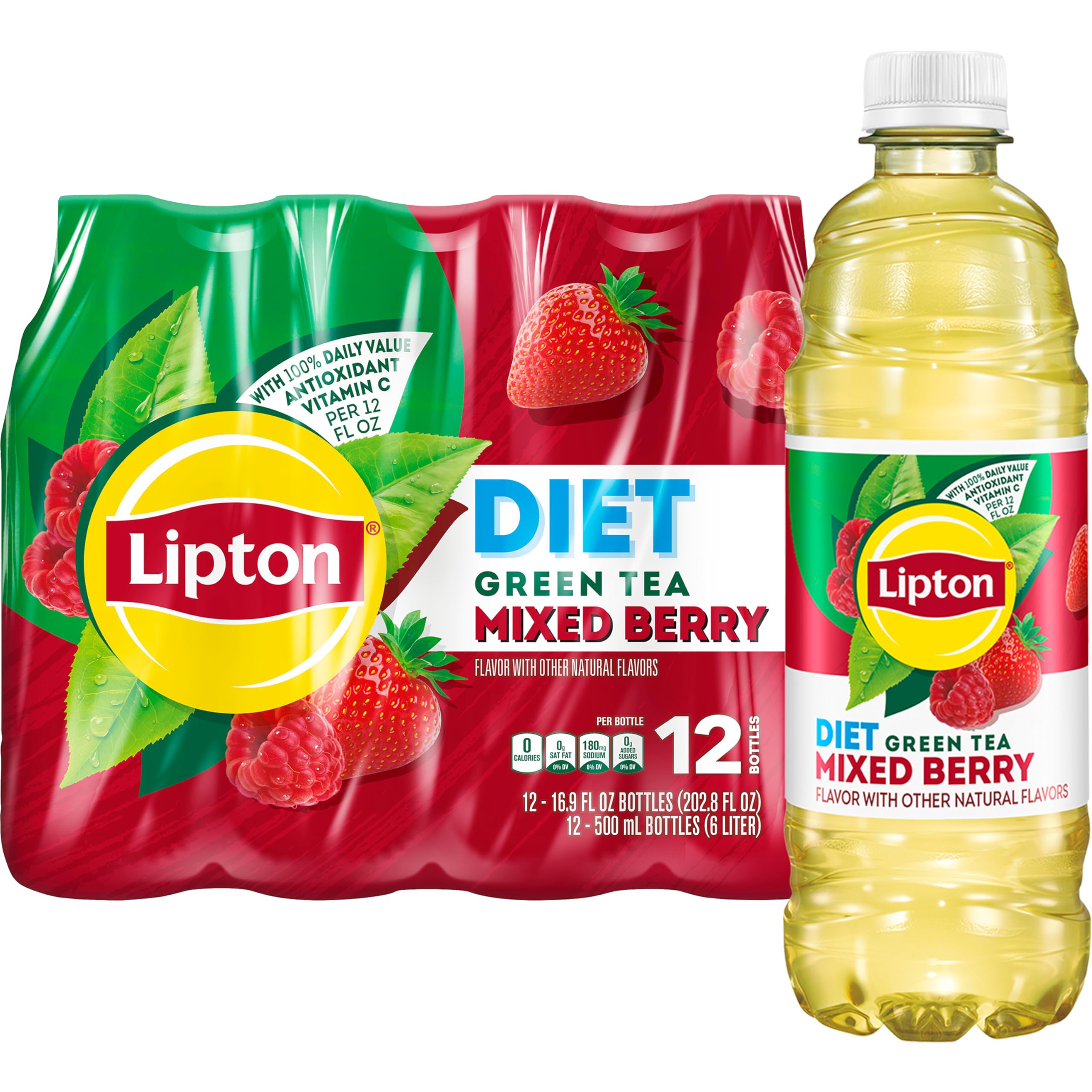 Lipton Diet Mixed Berry Green Tea bottle shows zero sugar option for busy days