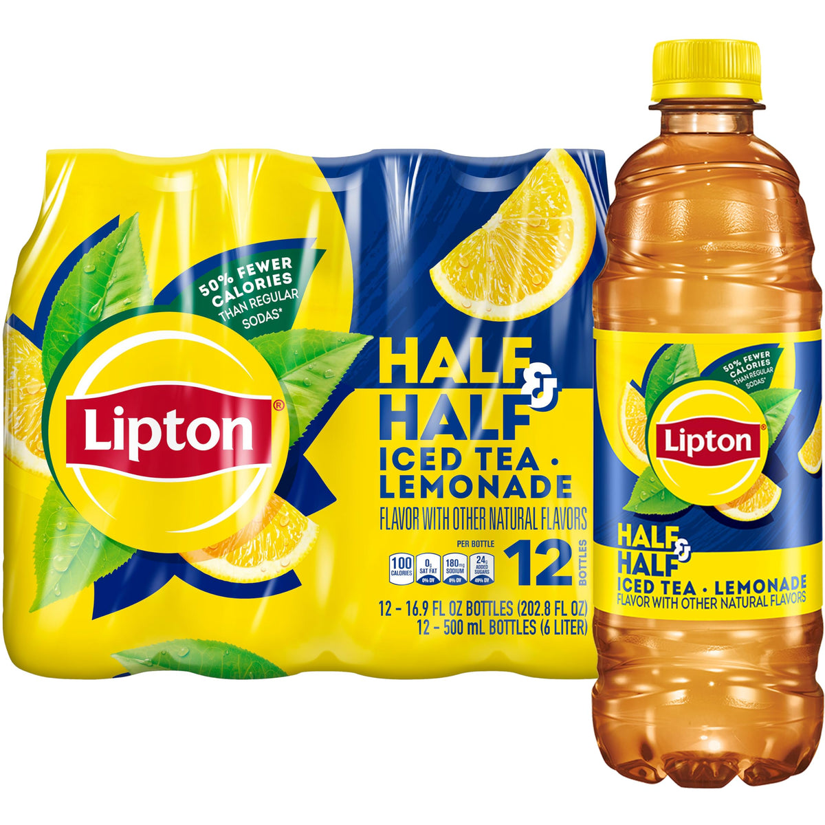 Lipton Half and Half bottle close-up for refreshing citrus flavor.