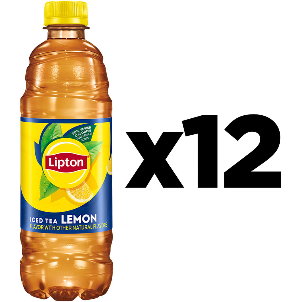 Lipton Iced Tea Lemon bottle pouring into glass, ideal for hot days.