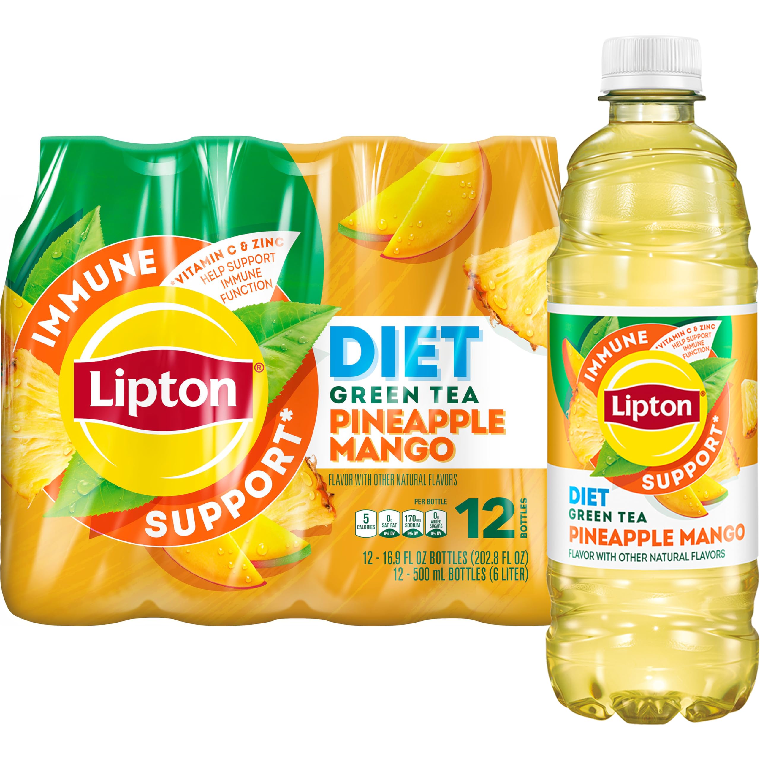 Lipton Immune Support Diet Pineapple Mango bottle front, refreshing sugar-free flavor