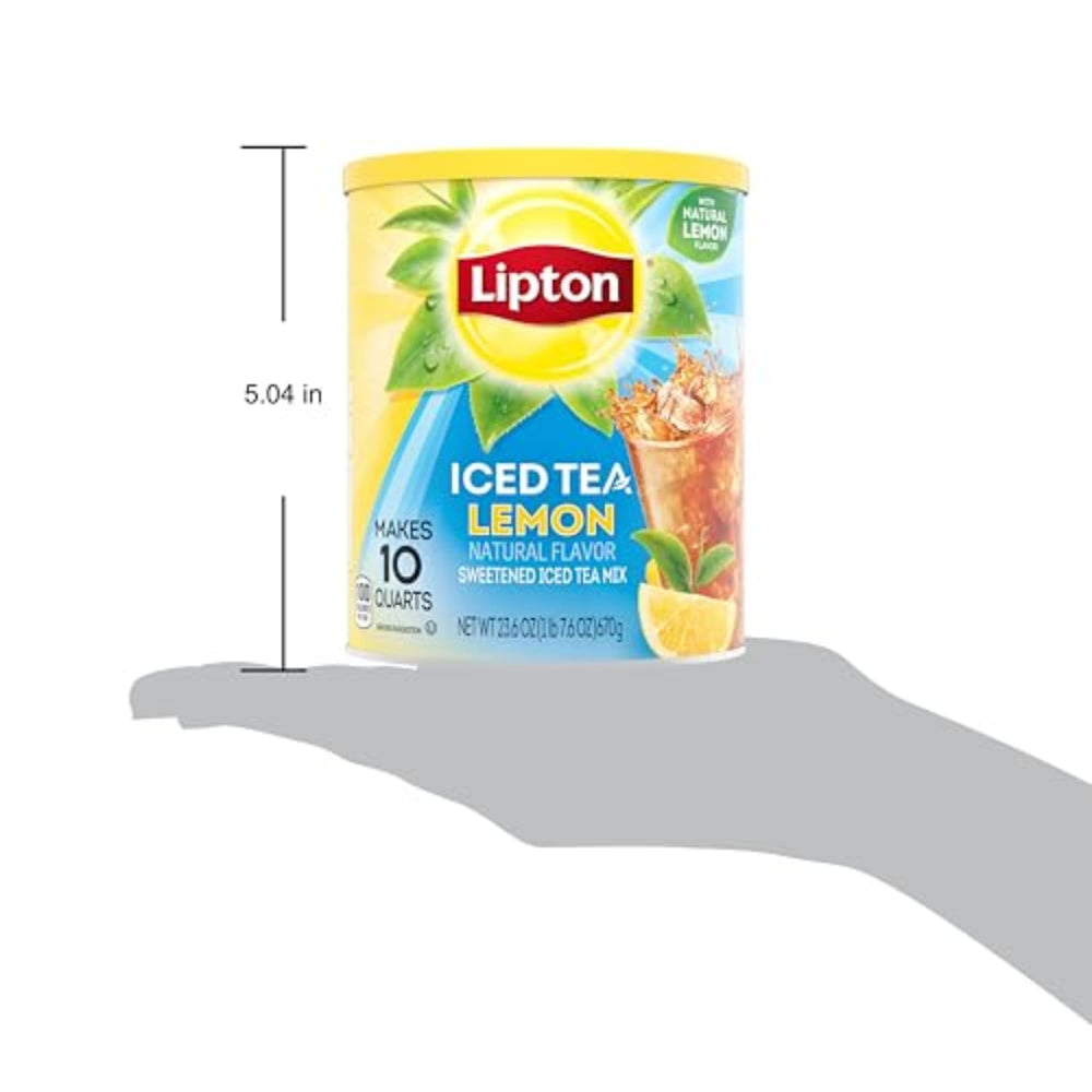 Lipton Lemon Iced Tea Mix being mixed with cold water for quick brew.