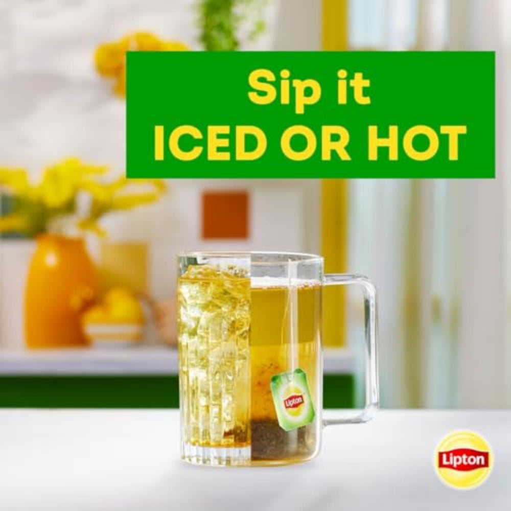 Visual of green tea leaves and peach flavor notes in Lipton blend.