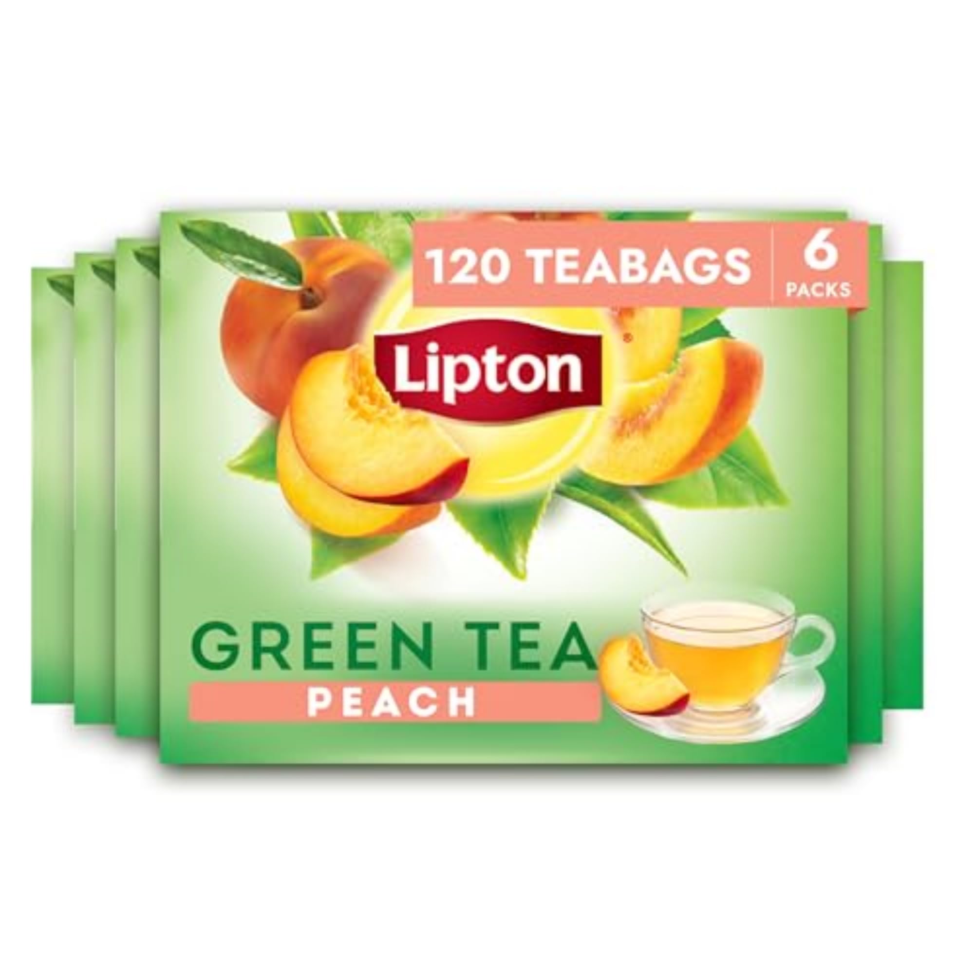 Lipton Peach Green Tea Bags packaging box showing six-pack convenience for daily use.