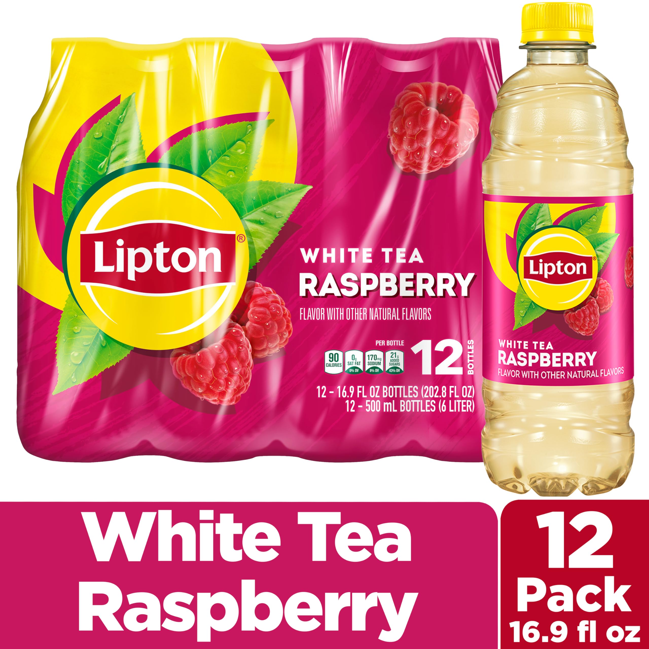 Lipton Raspberry White Tea label closeup highlights real fruit notes and quality ingredients.