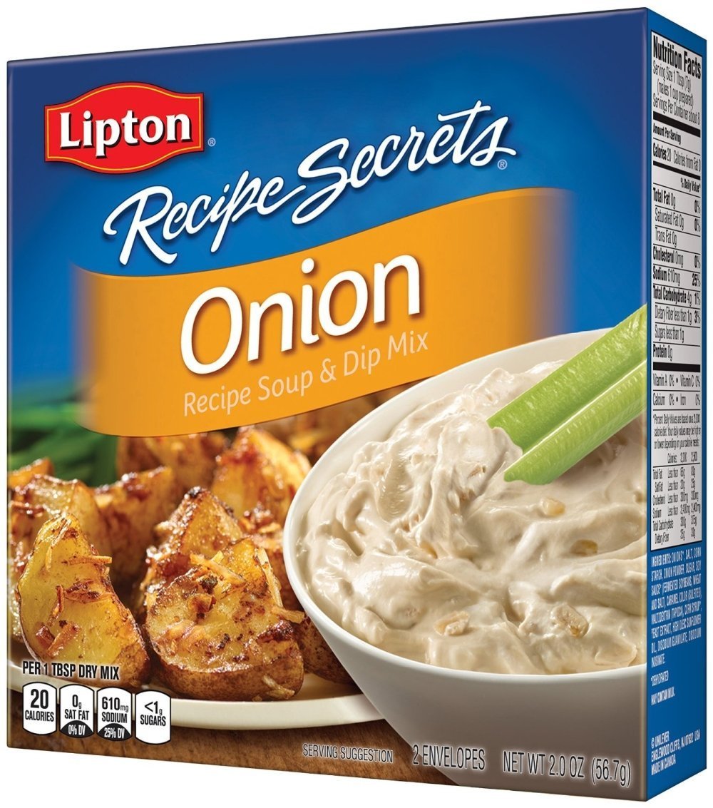 Lipton Recipe Secrets Onion Soup Mix 2oz packaging for quick, savory flavor base.