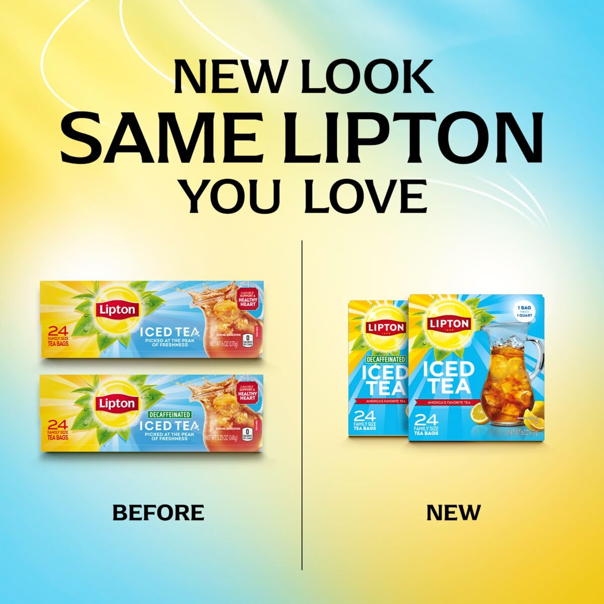 Lipton unsweetened iced tea bags packaging with six 24-count packs, value for families.