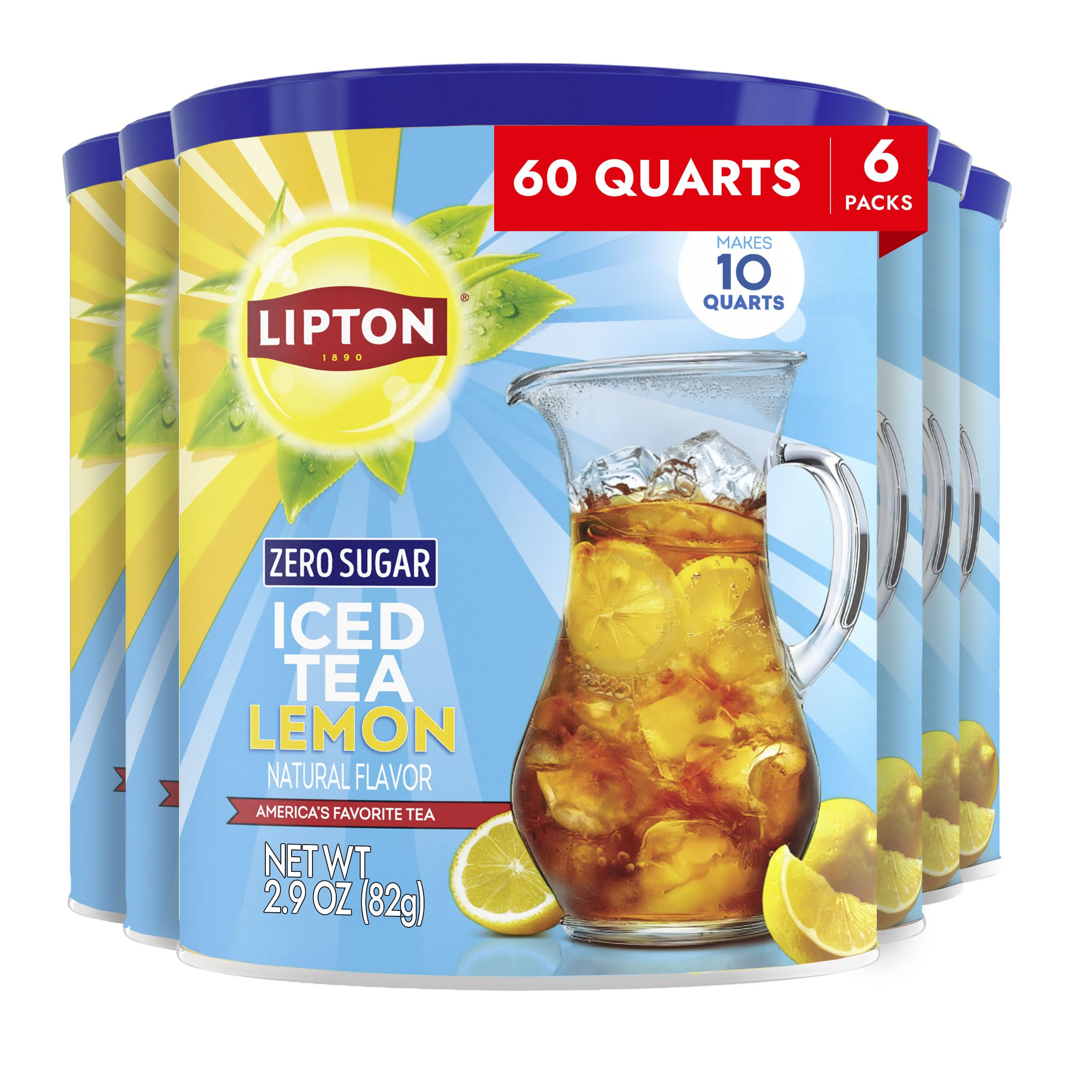 Lipton Zero Sugar Lemon Iced Tea Mix canister on the counter for quick, zero-sugar servings.