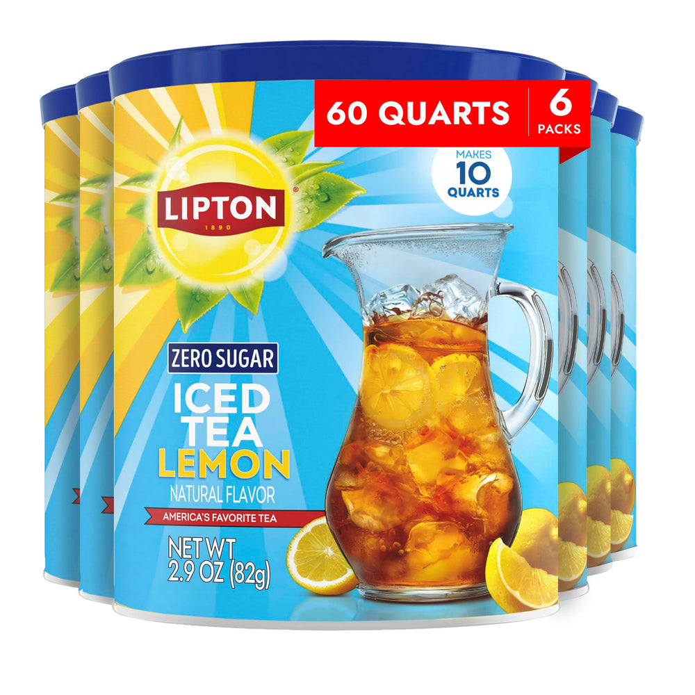 Lipton Zero Sugar Lemon Iced Tea Mix canister on the counter for quick, zero-sugar servings.