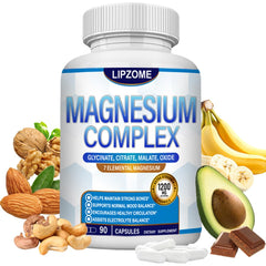 Lipzome Magnesium Complex bottle shows a 7-in-1 blend for balanced intake