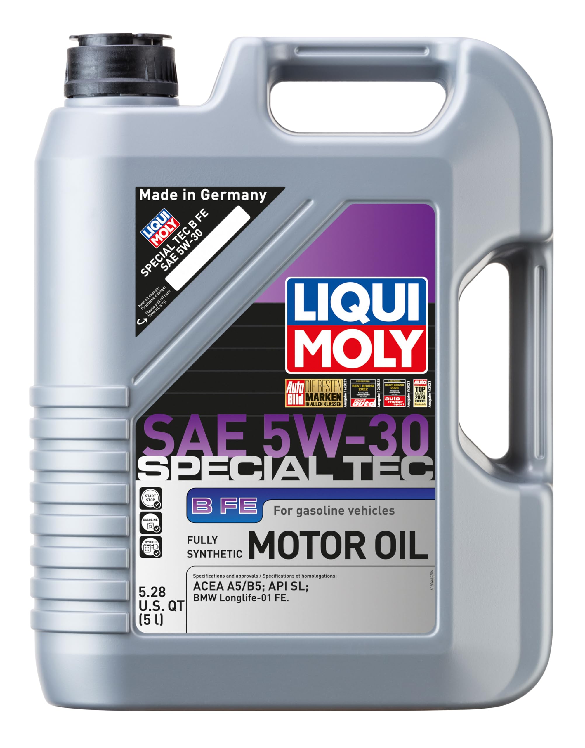 Liqui Moly Special Tec B FE 5W-30 bottle for BMW petrol engines, with enhanced cold start and efficiency.