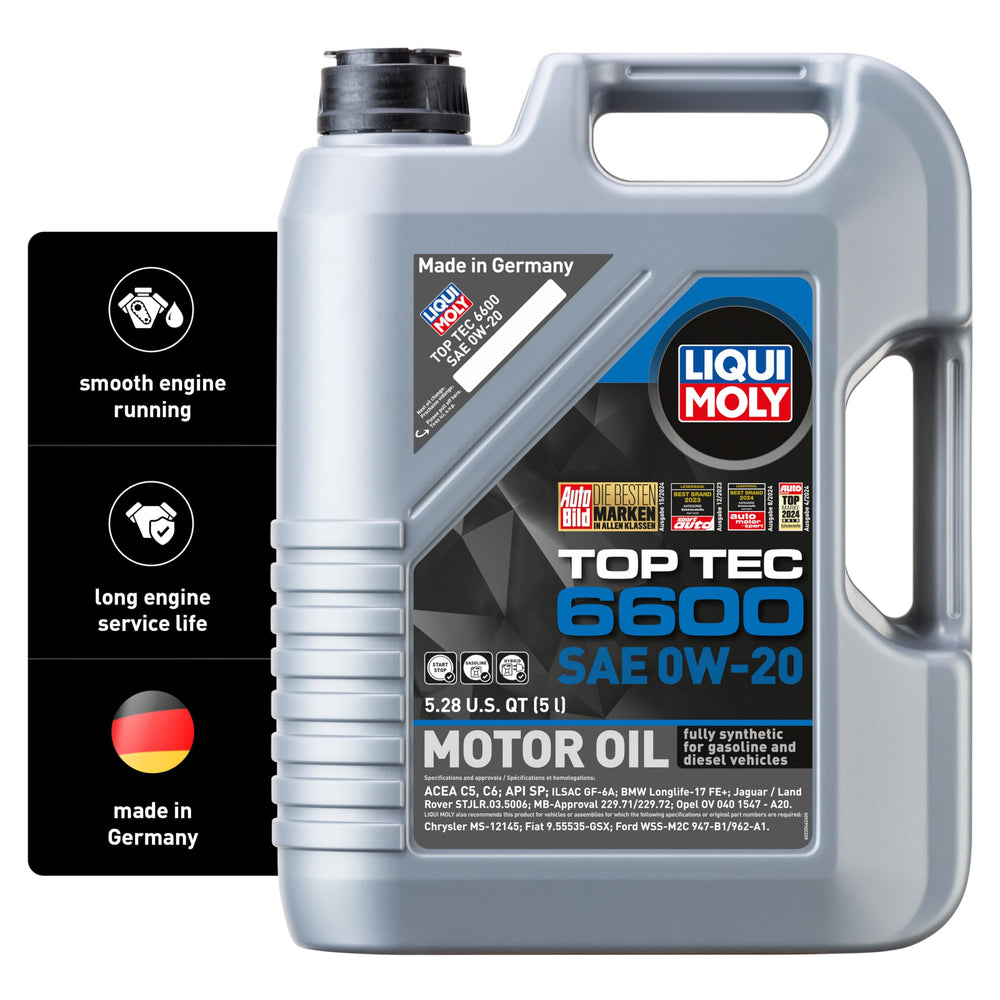 Liqui Moly Top Tec 6600 0W-20 bottle pour for smooth filling and cold start readiness