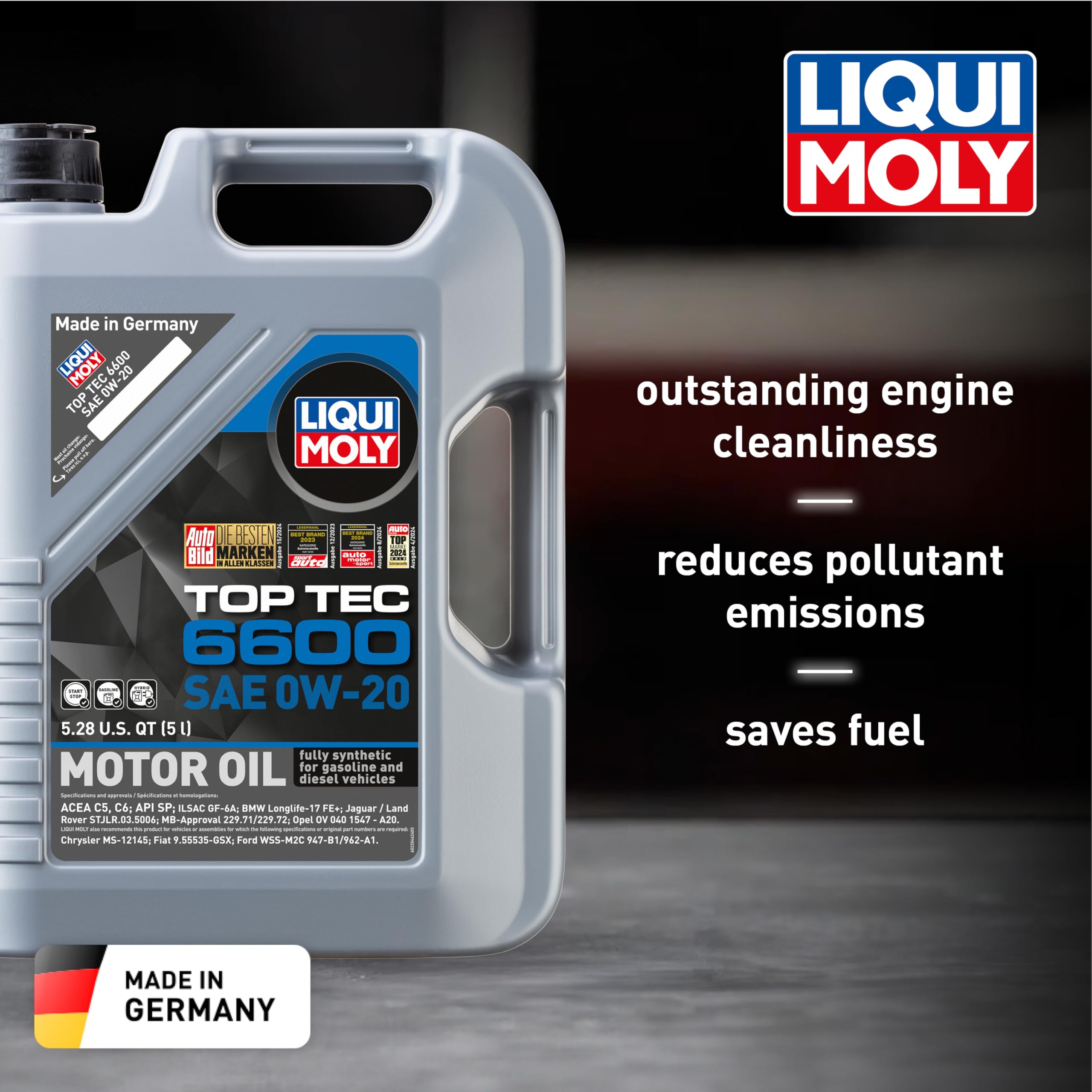 Liqui Moly Top Tec 6600 0W-20 bottle side view shows ergonomic design for easy pouring