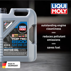 Liqui Moly Top Tec 6600 0W-20 bottle side view shows ergonomic design for easy pouring