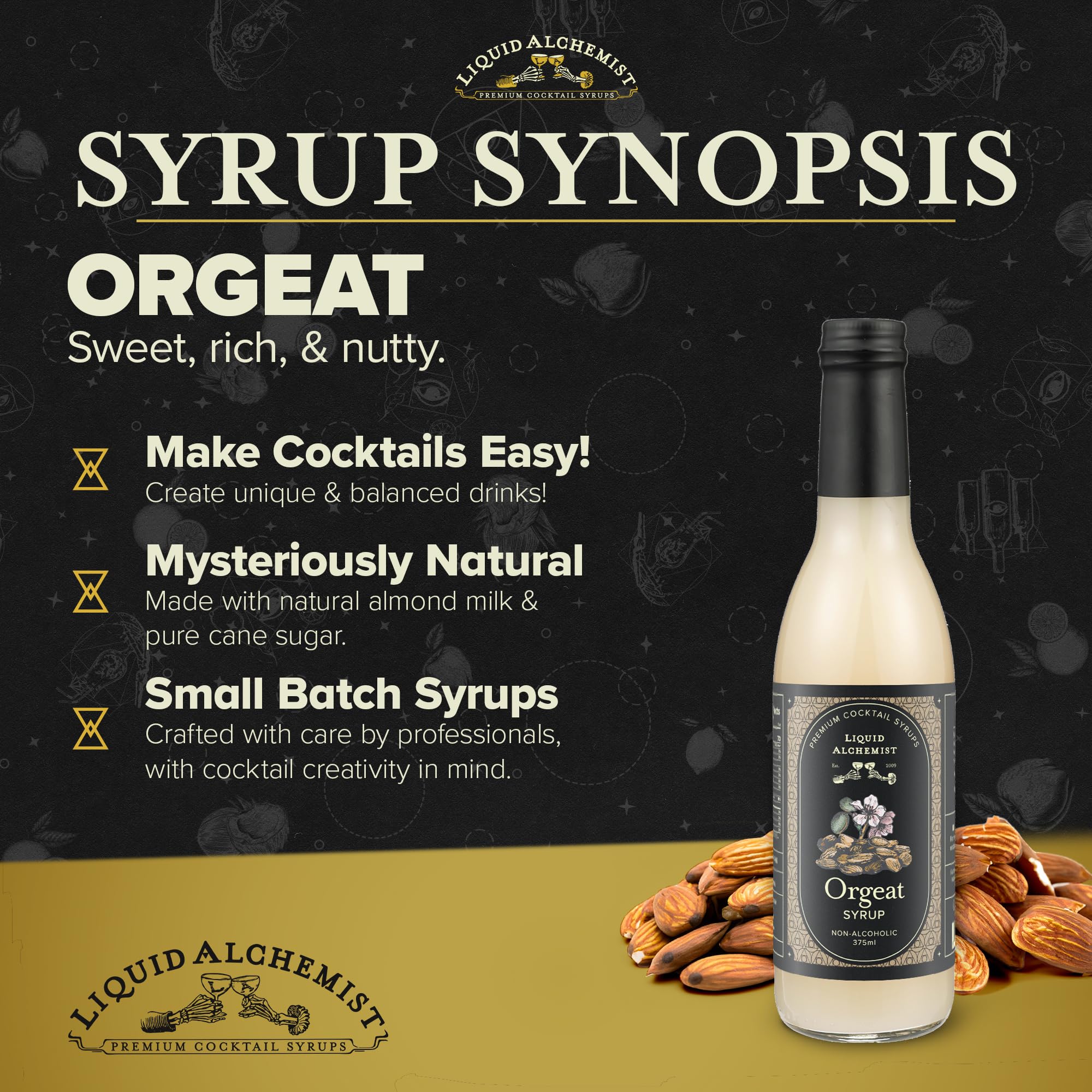 Liquid Alchemist Orgeat Syrup ingredients—almonds and orange blossom water—for authentic almond sweetness.