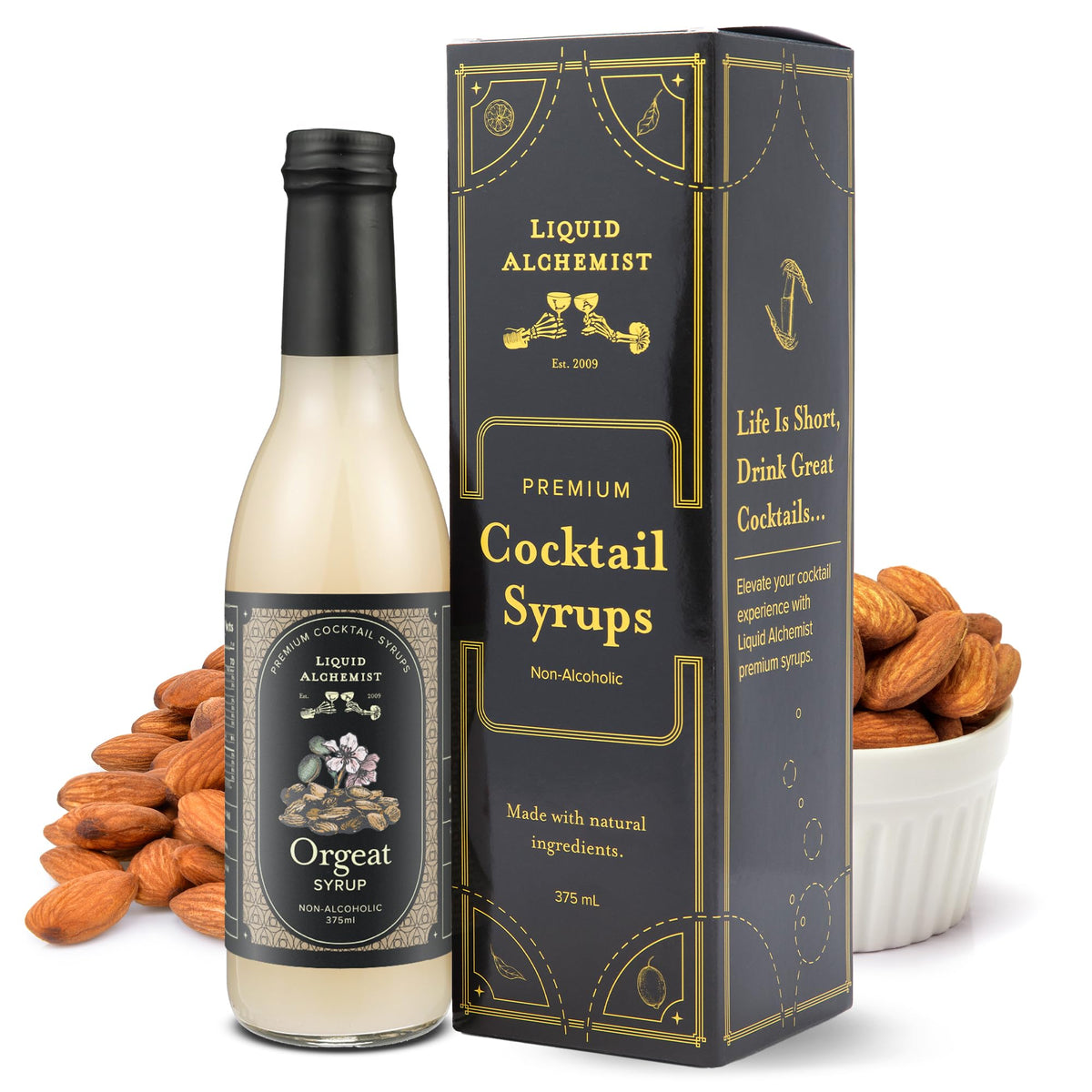 Liquid Alchemist Orgeat Syrup bottle highlighting real ingredients for cocktails.