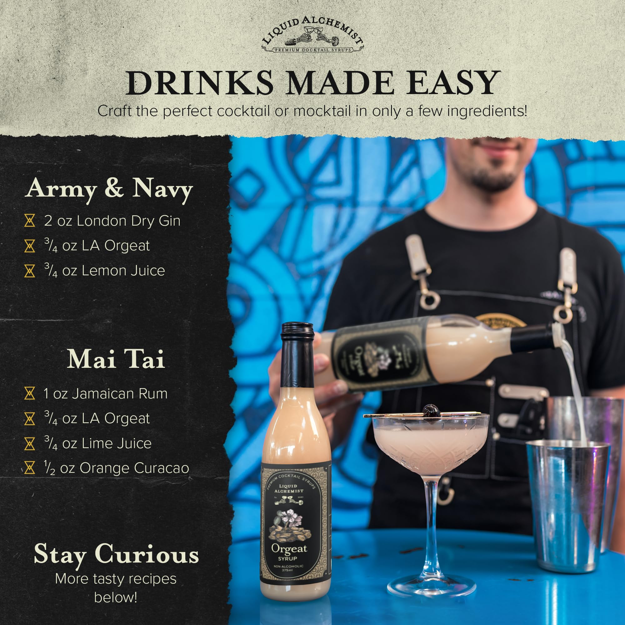 Liquid Alchemist Orgeat Syrup with Mai Tai setup for quick, flavorful cocktails.
