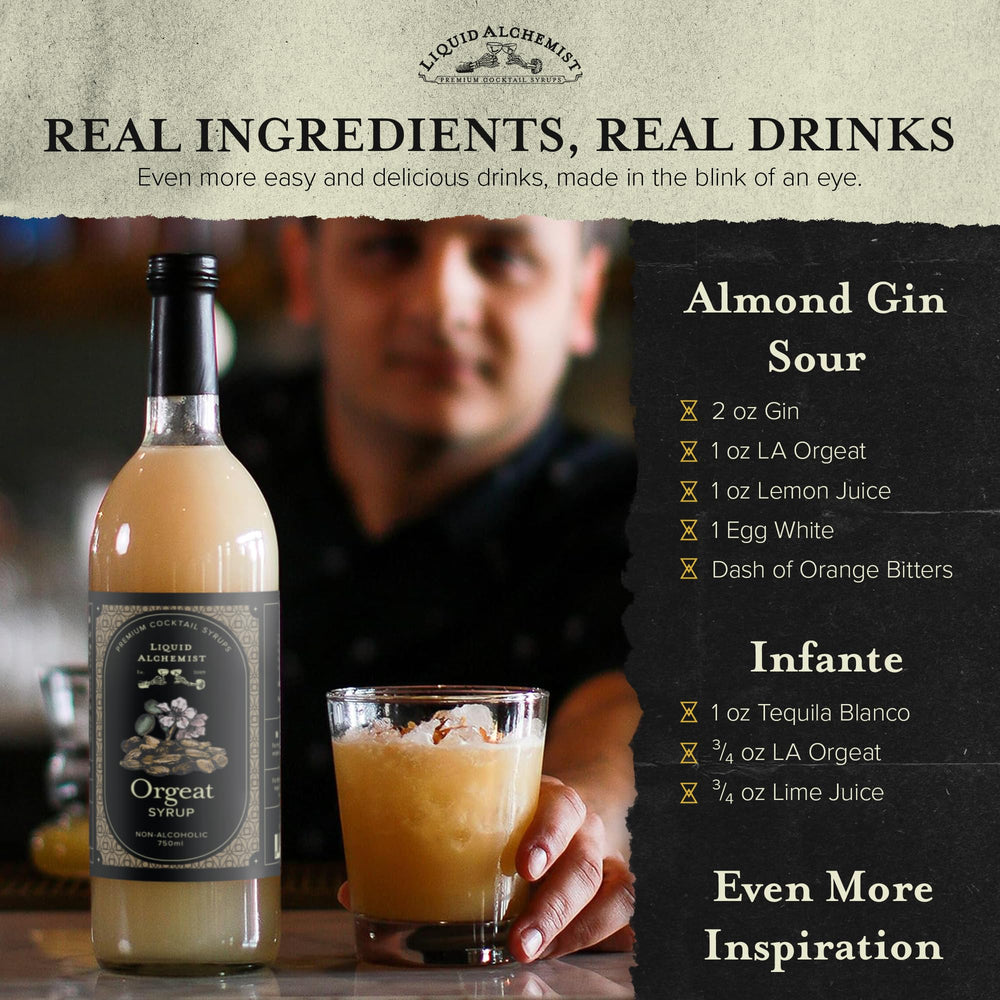 Liquid Alchemist Orgeat Syrup in a mocktail, showcasing non-alcoholic versatility.