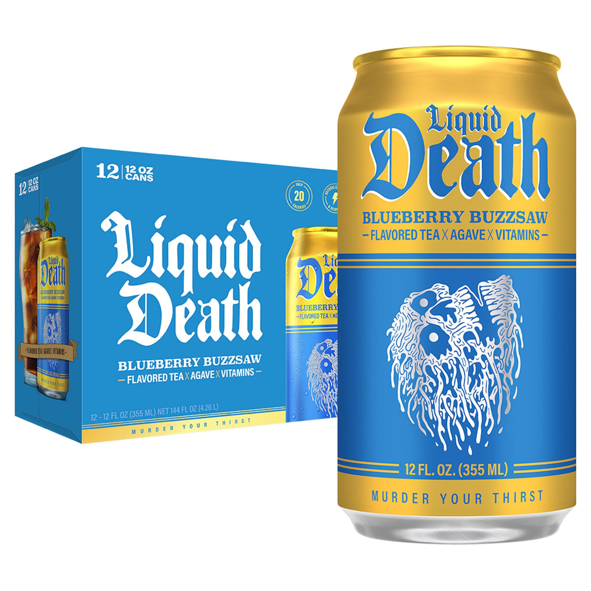 Liquid Death Blueberry Buzzsaw can close-up highlighting brand and caffeine boost