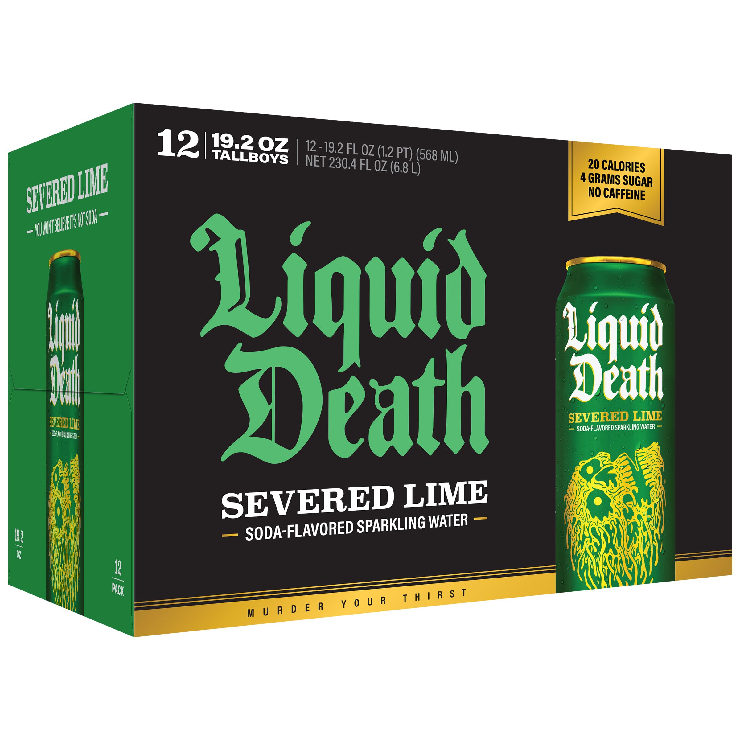 Liquid Death branding on back of can underscores bold identity and packaging aesthetics.