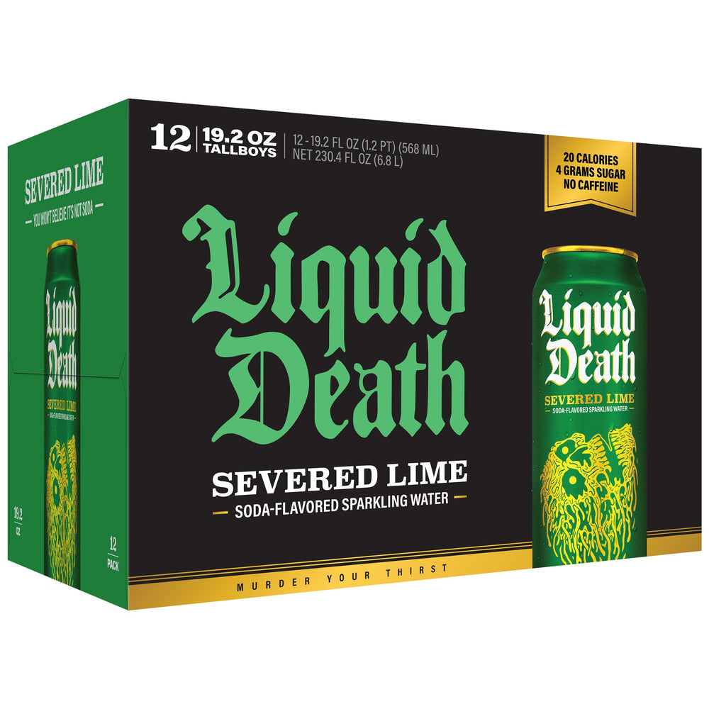 Liquid Death branding on back of can underscores bold identity and packaging aesthetics.