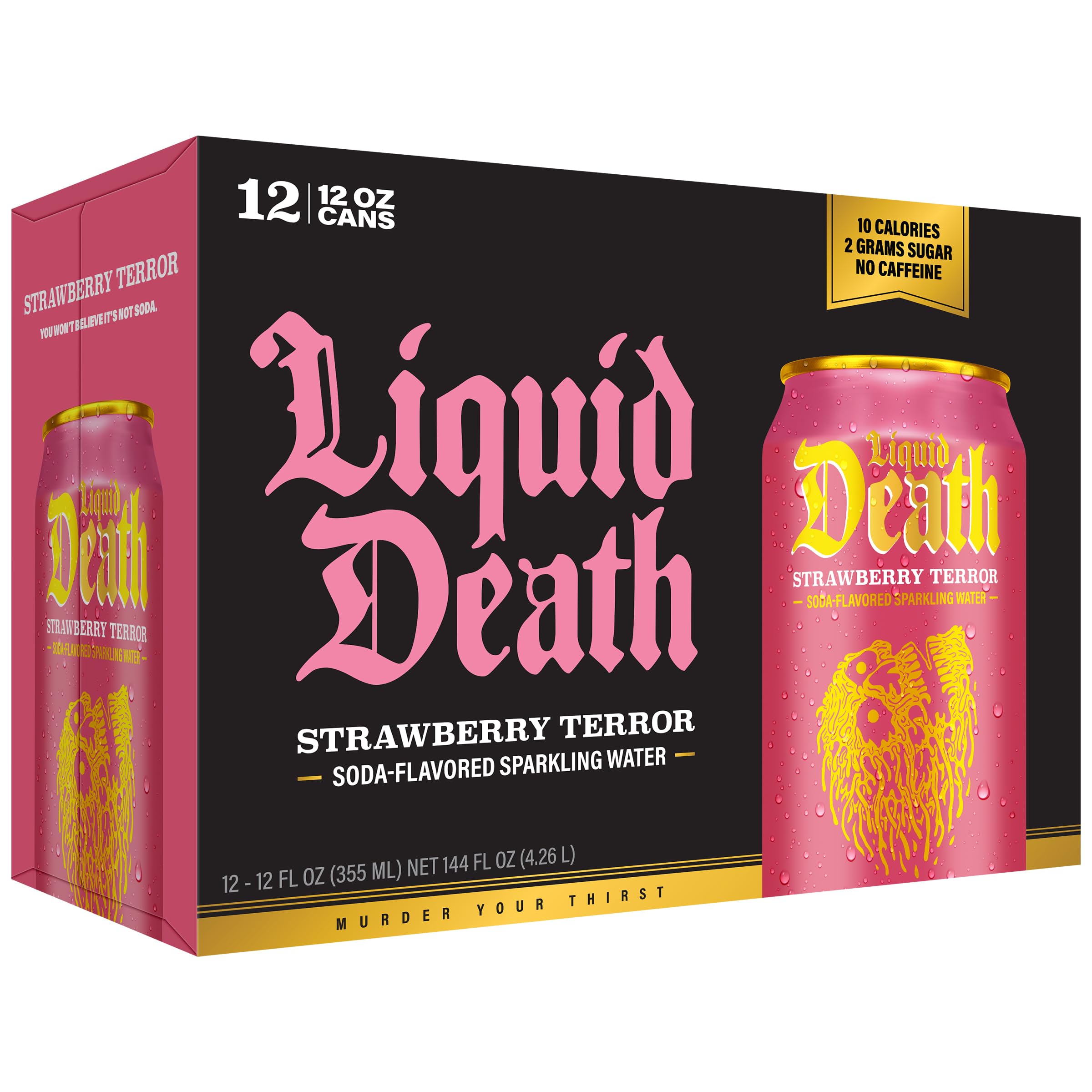 Liquid Death can with recycling symbol, eco-friendly packaging.