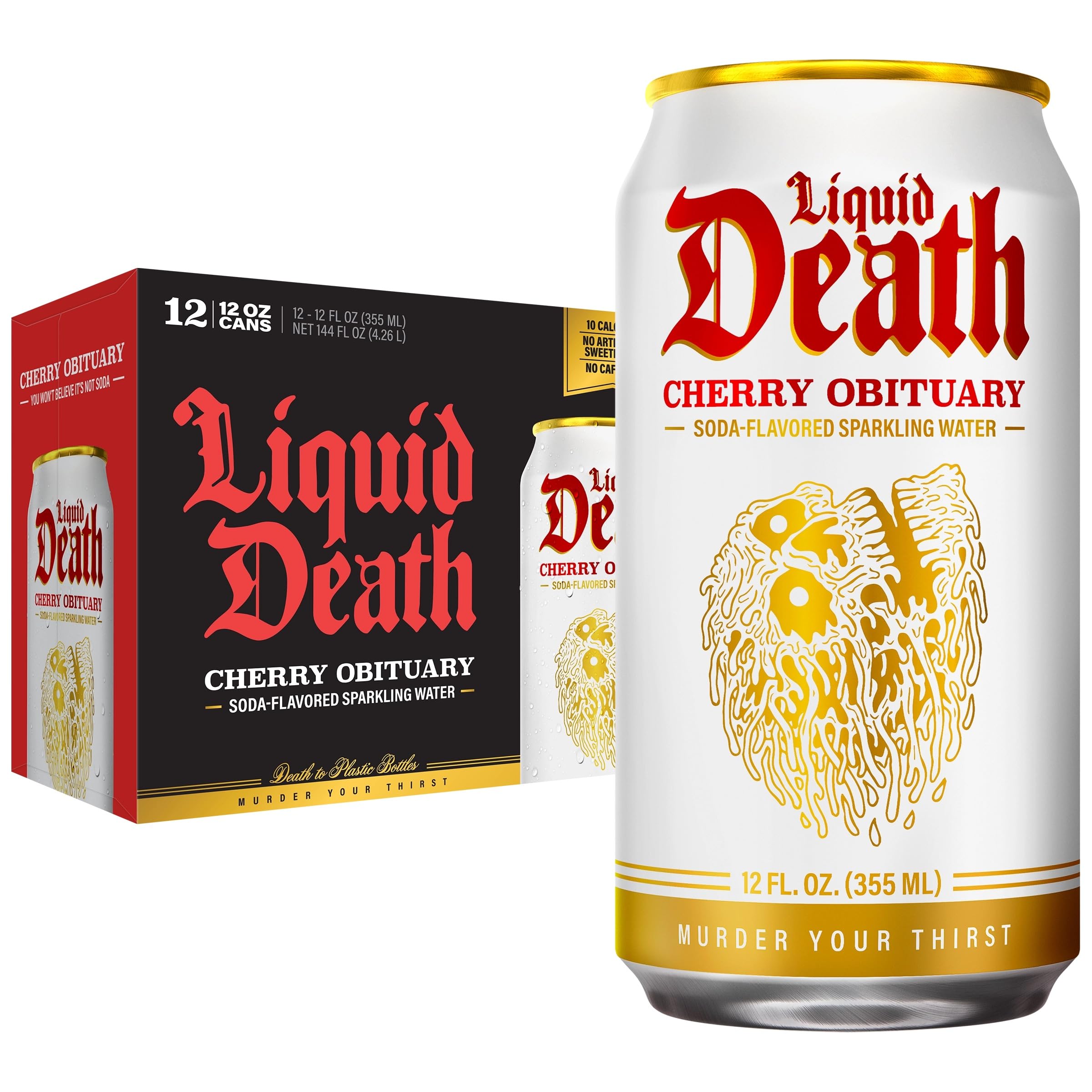 Liquid Death Cherry Obituary can on ice reveals bold flavor.
