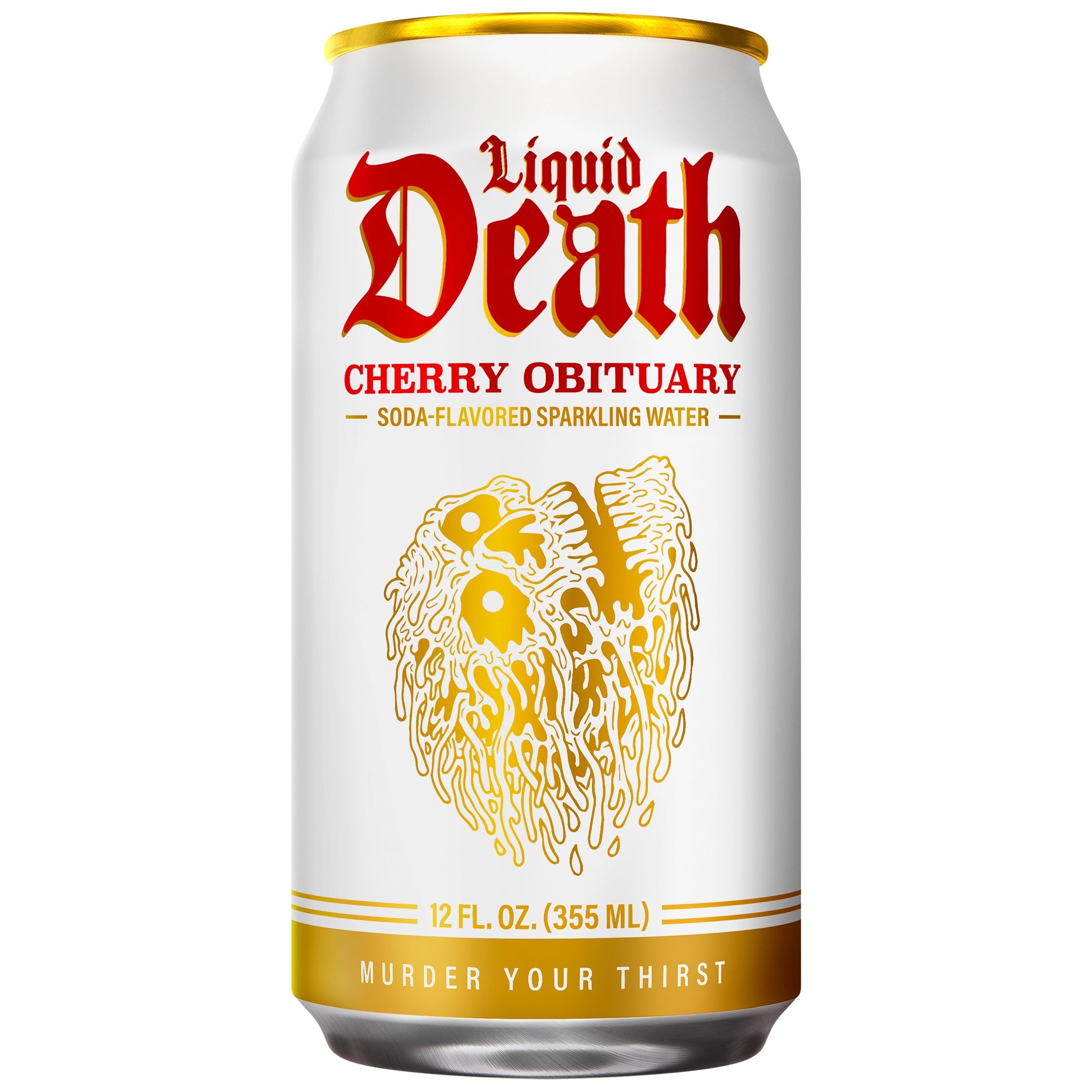 Liquid Death Cherry Obituary can opening suggests refreshing sip.