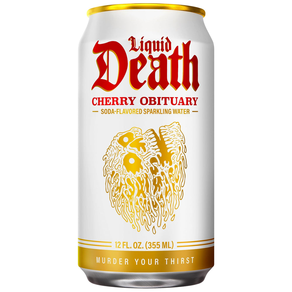 Liquid Death Cherry Obituary can opening suggests refreshing sip.