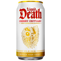 Liquid Death Cherry Obituary can opening suggests refreshing sip.