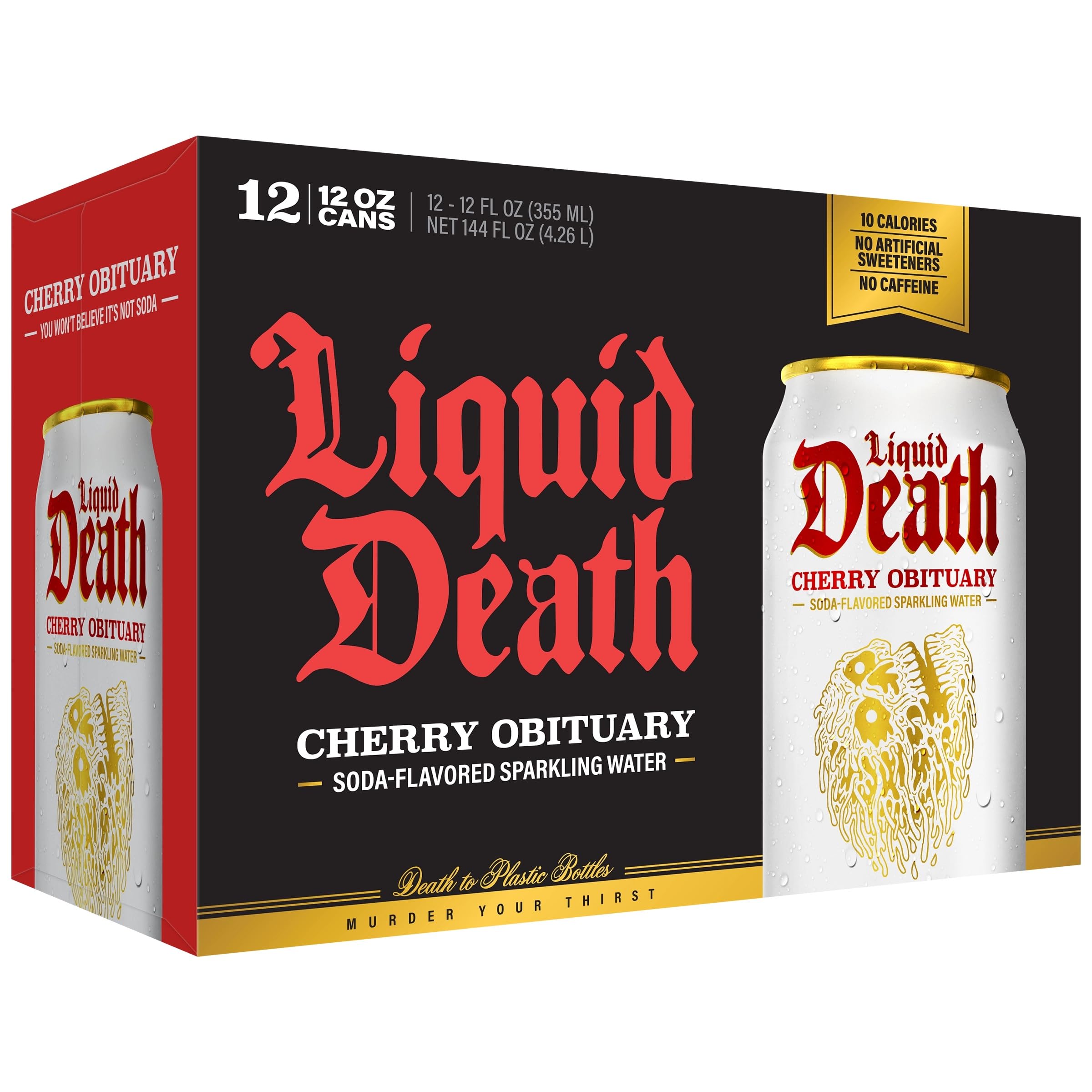 Liquid Death Cherry Obituary poured into a chilled glass.