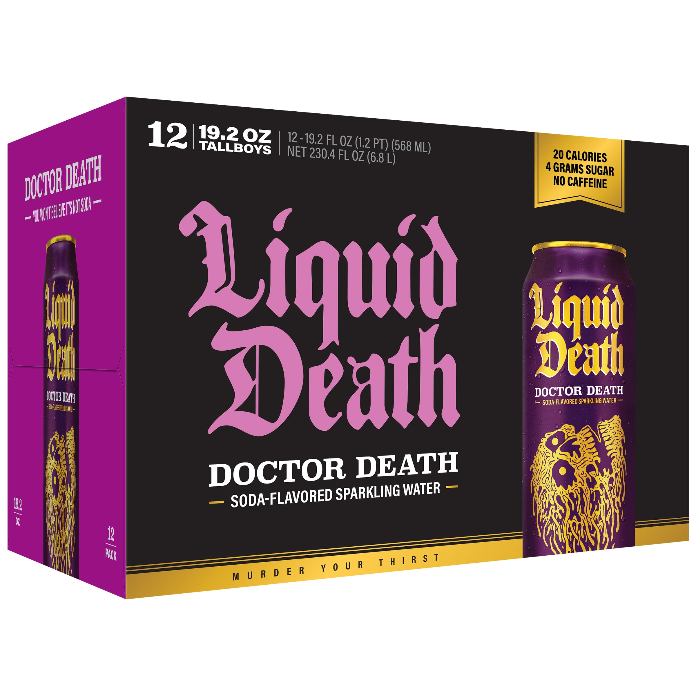 Liquid Death Doctor Death 12-pack on display suggesting convenience and flavor