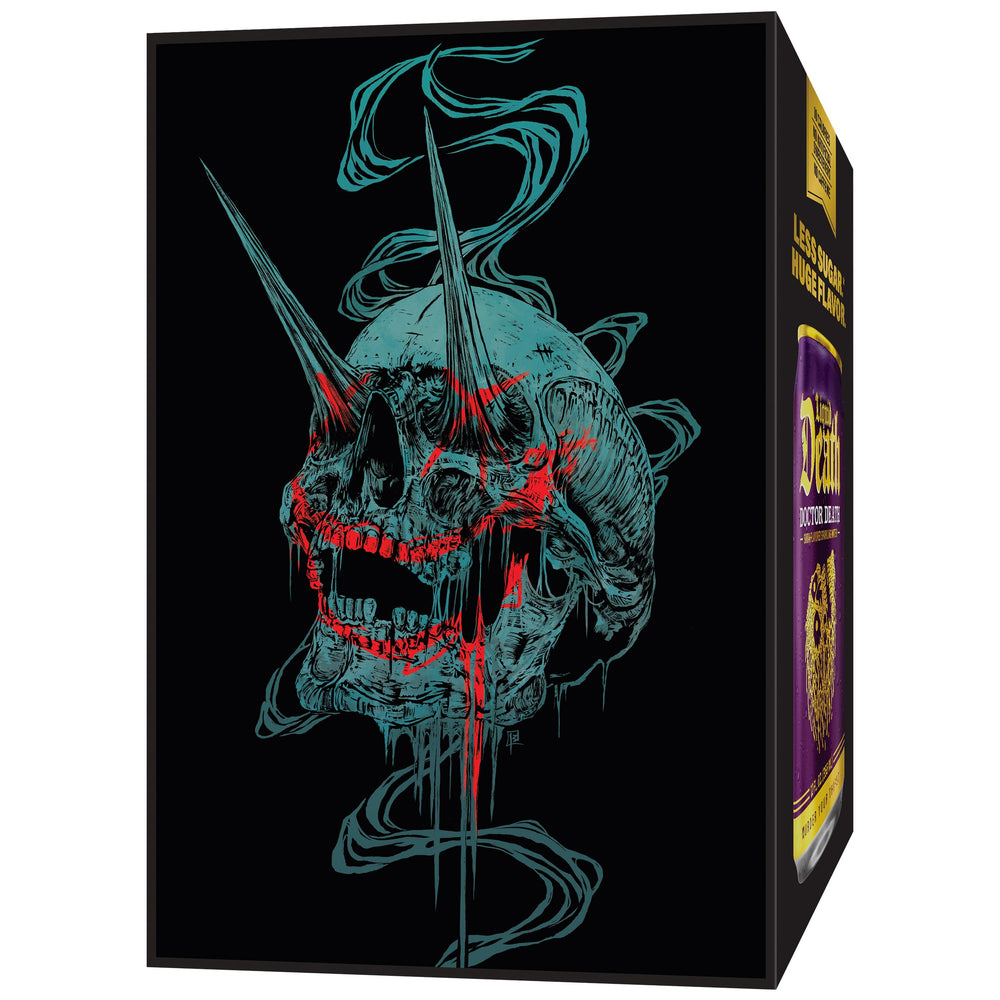 Liquid Death Doctor Death branding on can for a bold fridge display.