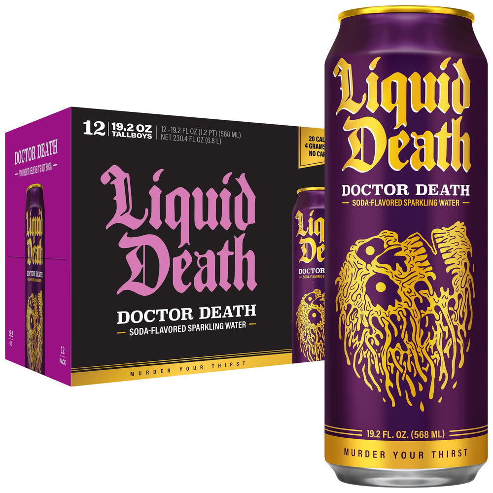 Liquid Death Doctor Death Cherry front label highlighting bold flavor